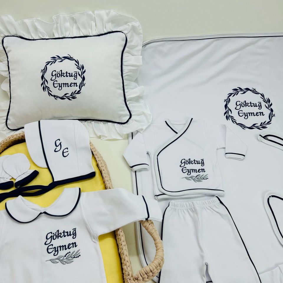 Lacivert Tamamı Biyeli Nakışlı Hastane Çıkış Seti