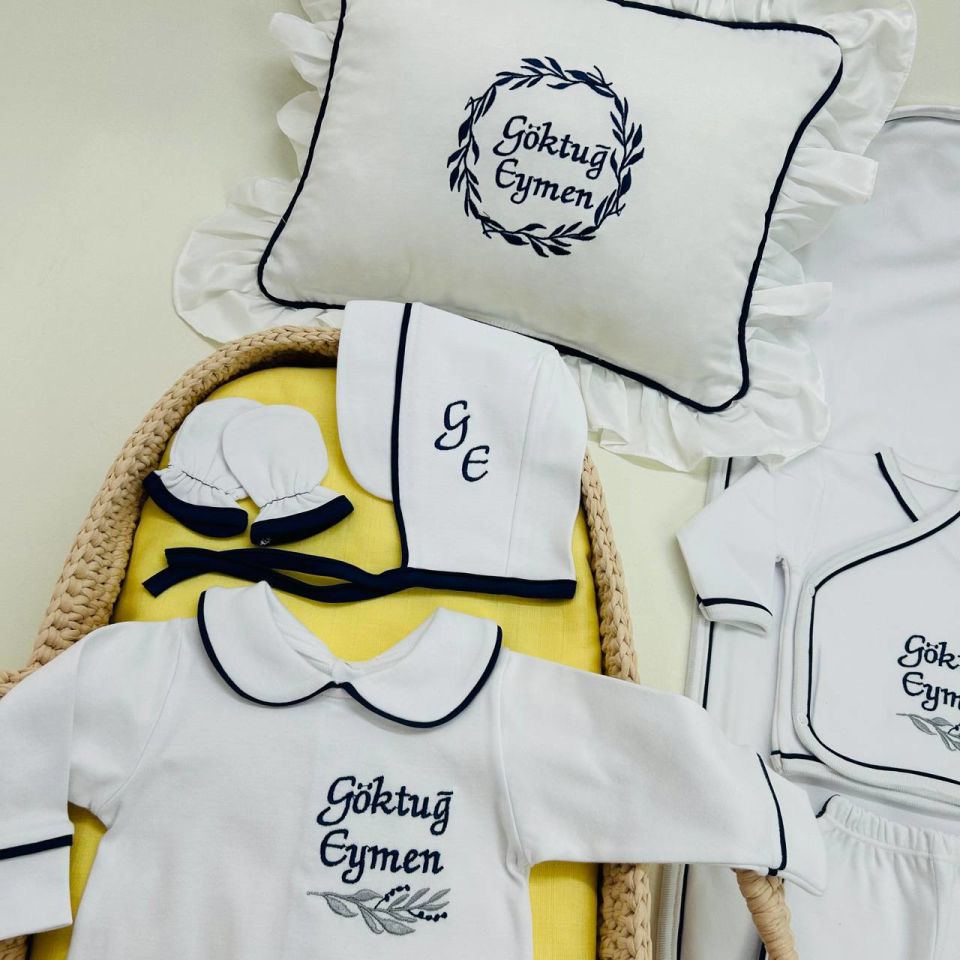 Lacivert Tamamı Biyeli Nakışlı Hastane Çıkış Seti