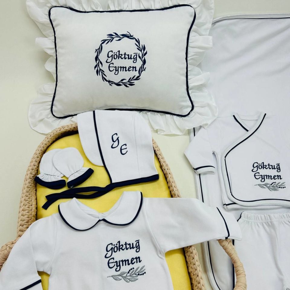 Lacivert Tamamı Biyeli Nakışlı Hastane Çıkış Seti