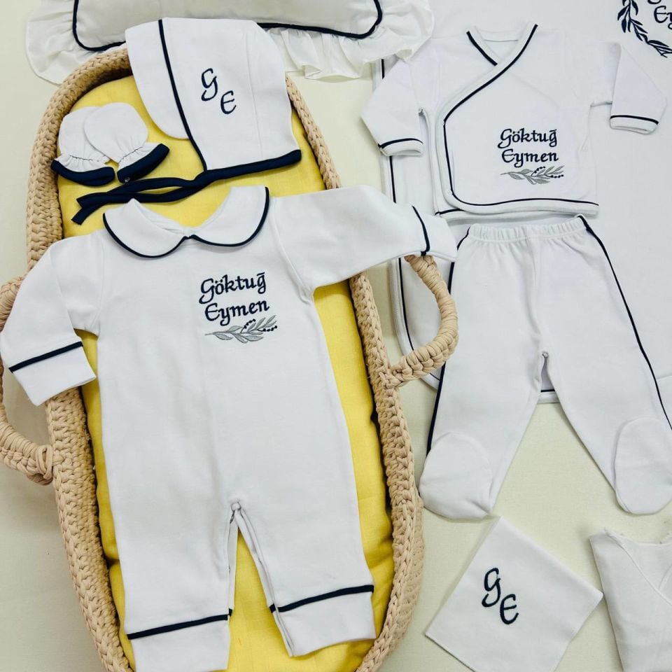 Lacivert Tamamı Biyeli Nakışlı Hastane Çıkış Seti