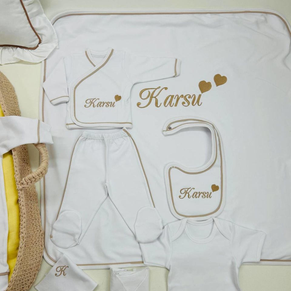 Kahverengi Tamamı Biyeli Nakışlı Hastane Çıkış Setİ