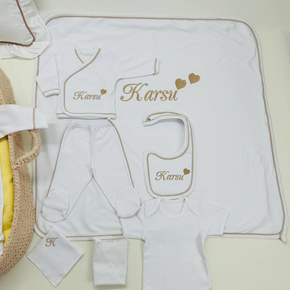 Kahverengi Tamamı Biyeli Nakışlı Hastane Çıkış Setİ