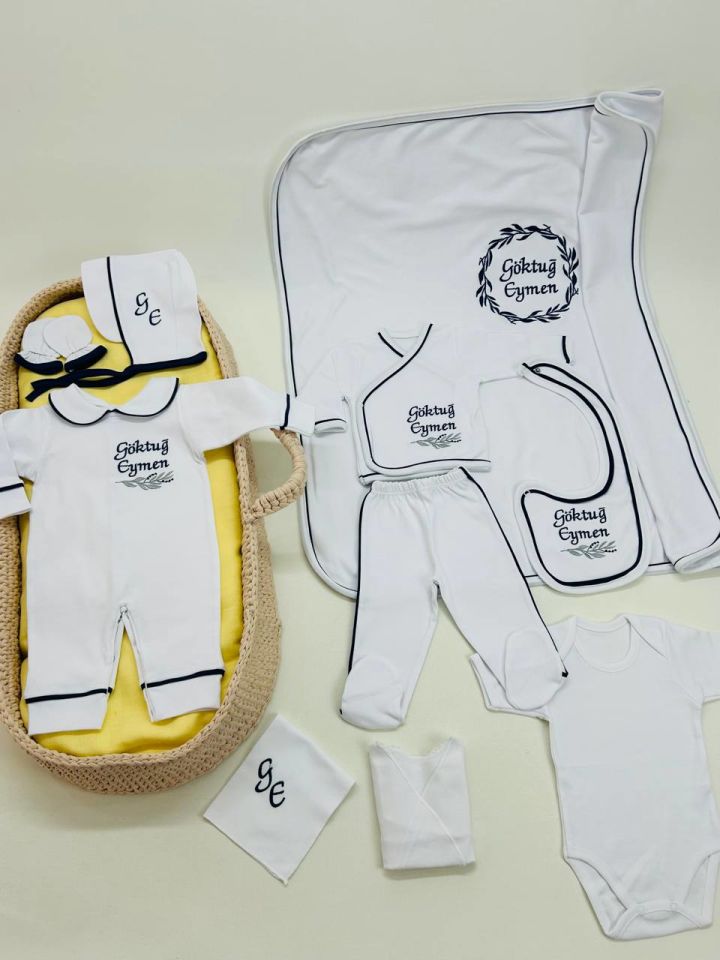 Lacivert Tamamı Biyeli Nakışlı Hastane Çıkış Seti