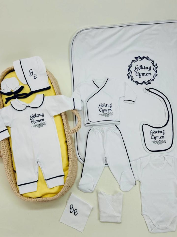 Lacivert Tamamı Biyeli Nakışlı Hastane Çıkış Seti