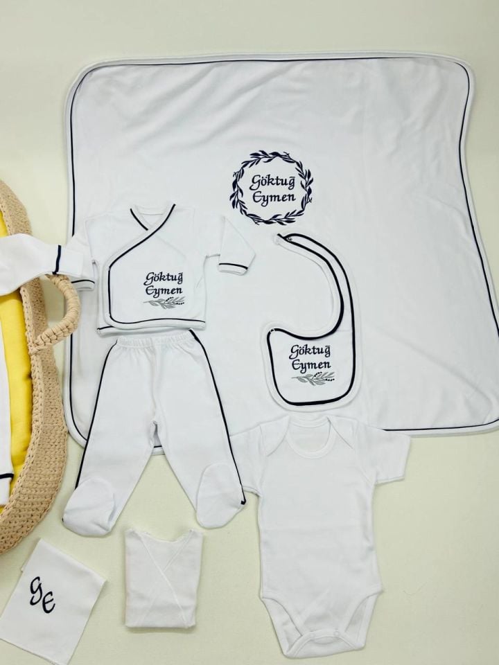 Lacivert Tamamı Biyeli Nakışlı Hastane Çıkış Seti