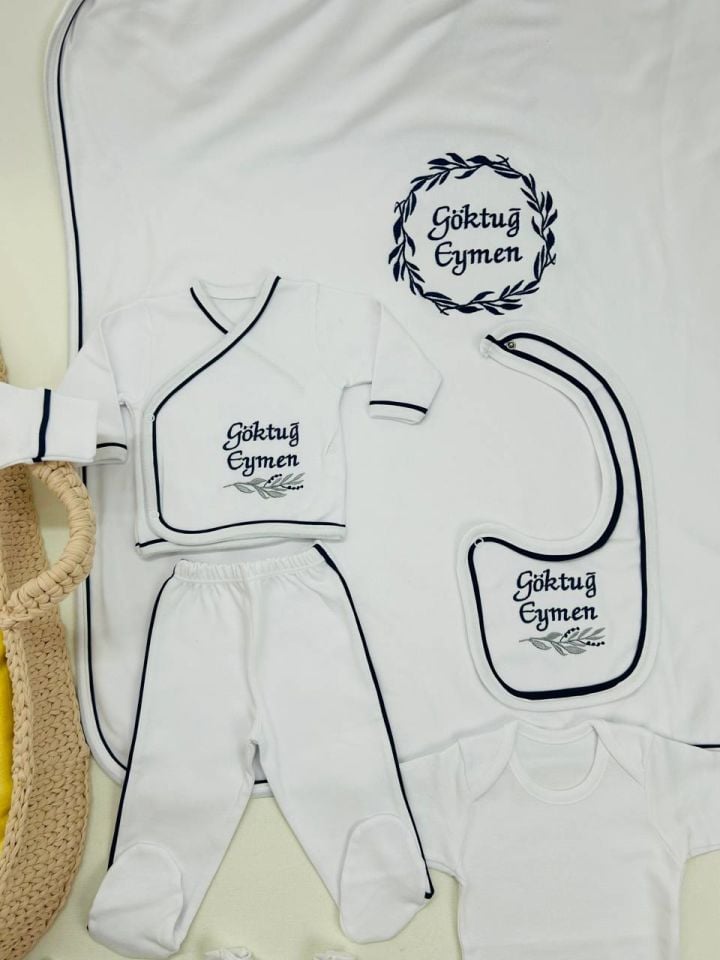 Lacivert Tamamı Biyeli Nakışlı Hastane Çıkış Seti