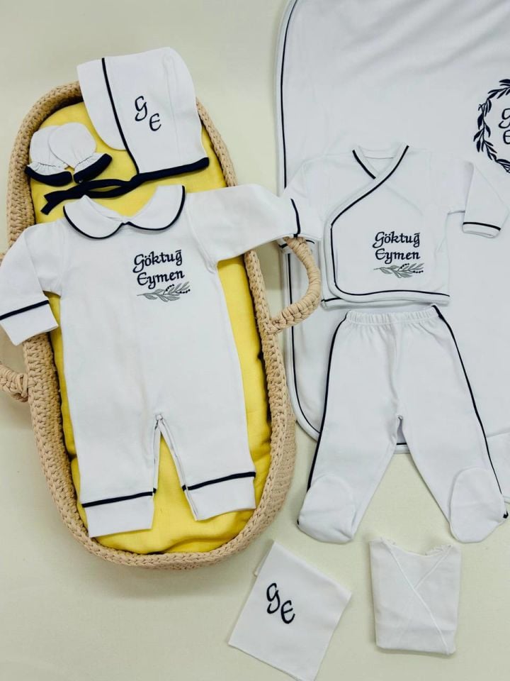 Lacivert Tamamı Biyeli Nakışlı Hastane Çıkış Seti