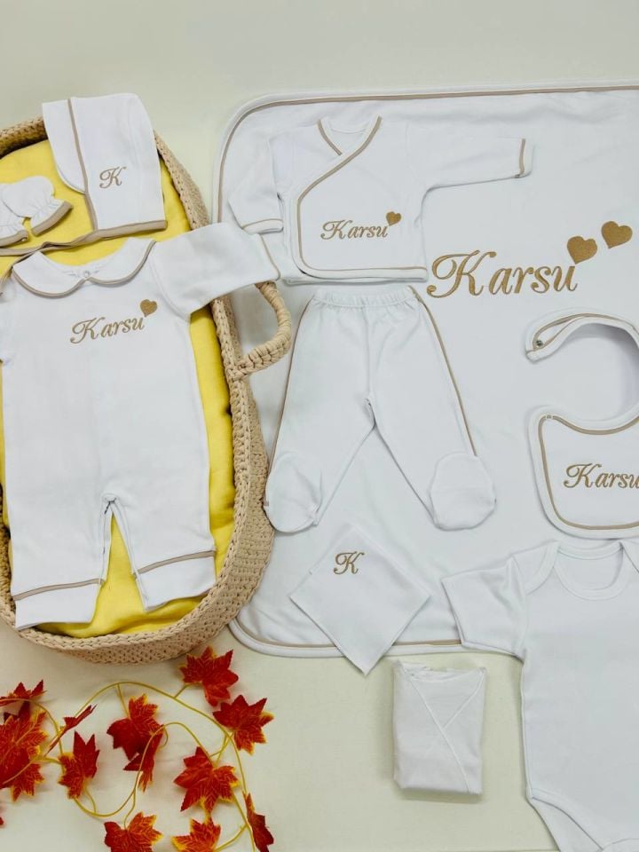 Kahverengi Tamamı Biyeli Nakışlı Hastane Çıkış Seti