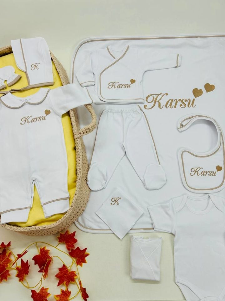 Kahverengi Tamamı Biyeli Nakışlı Hastane Çıkış Seti