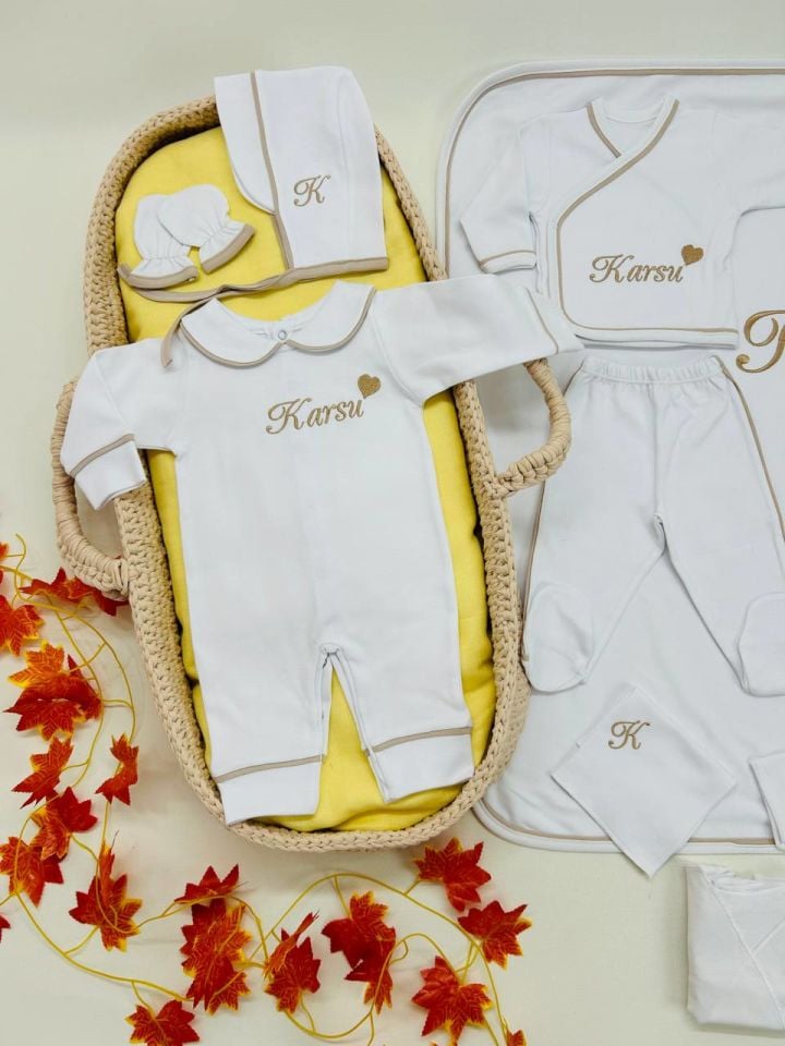 Kahverengi Tamamı Biyeli Nakışlı Hastane Çıkış Seti