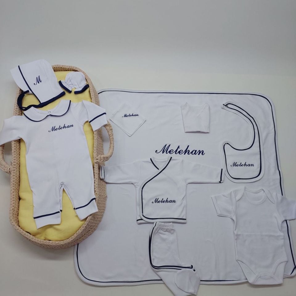 Lacivert Tamamı Biyeli Nakışlı Hastane Çıkış Seti