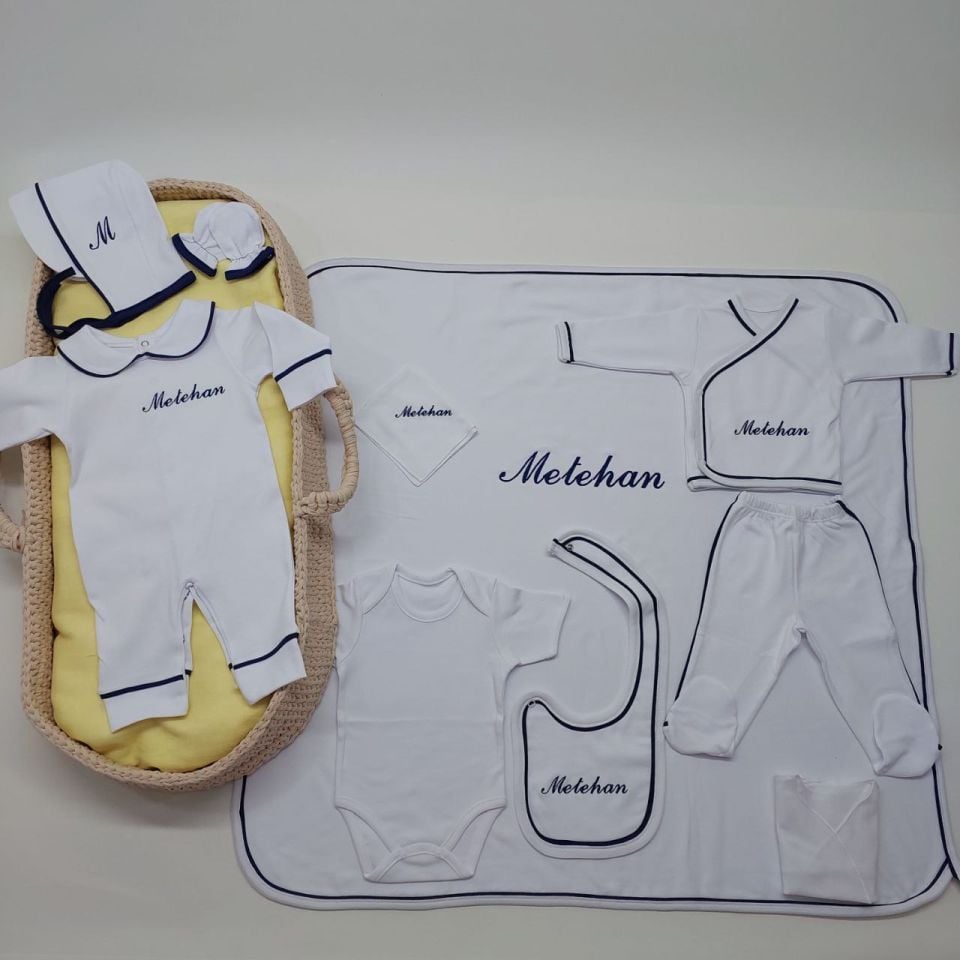 Lacivert Tamamı Biyeli Nakışlı Hastane Çıkış Seti