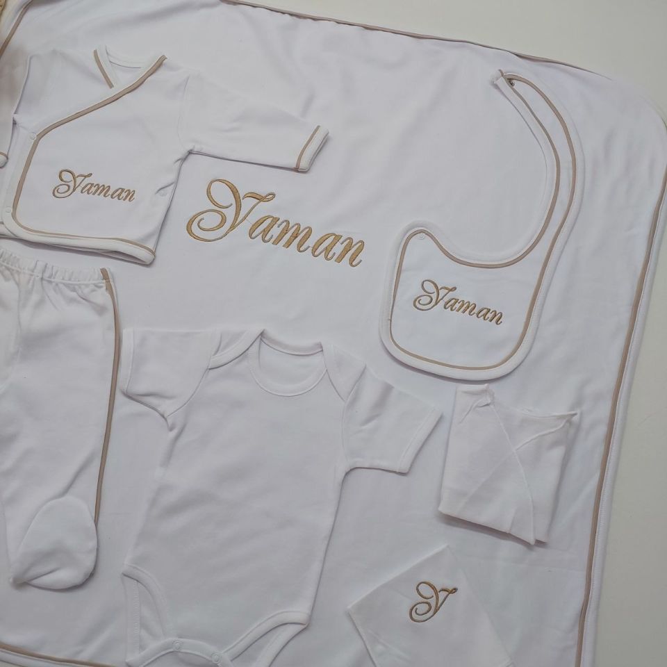 Kahverengi Tamamı Biyeli Nakışlı Hastane Çıkış Seti