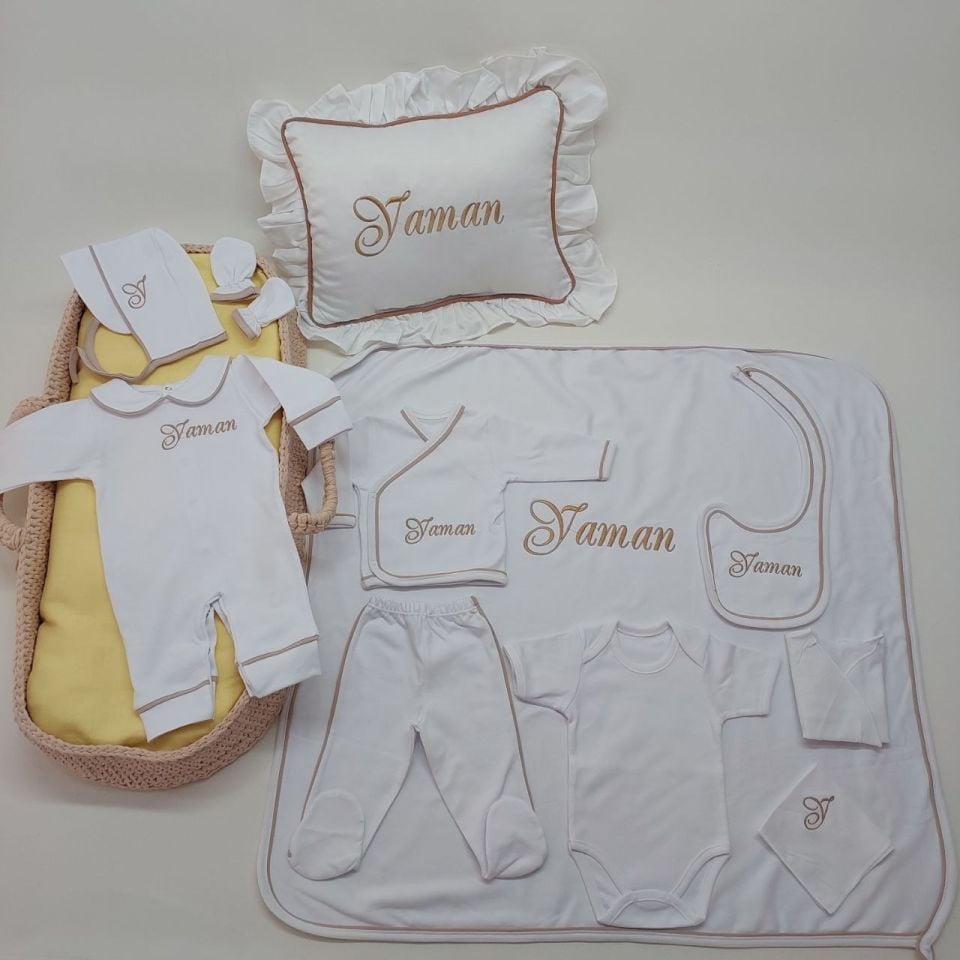 Kahverengi Tamamı Biyeli Nakışlı Hastane Çıkış Seti