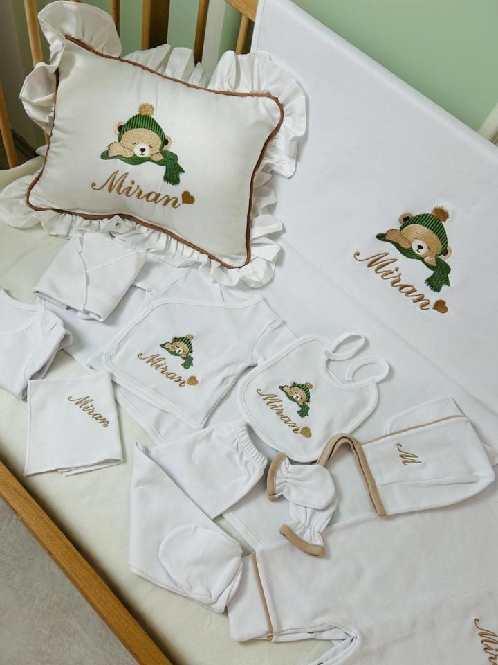 Uyuyan Ayıcık Desen Nakışlı Hastane Çıkış Seti