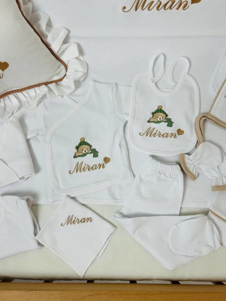 Uyuyan Ayıcık Desen Nakışlı Hastane Çıkış Seti