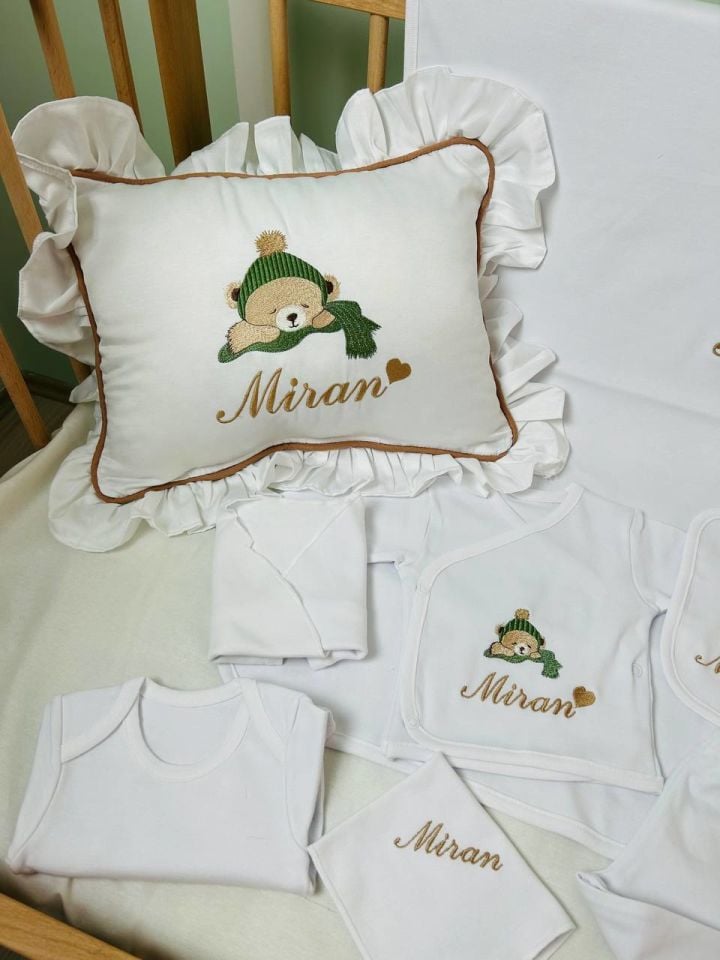 Uyuyan Ayıcık Desen Nakışlı Hastane Çıkış Seti