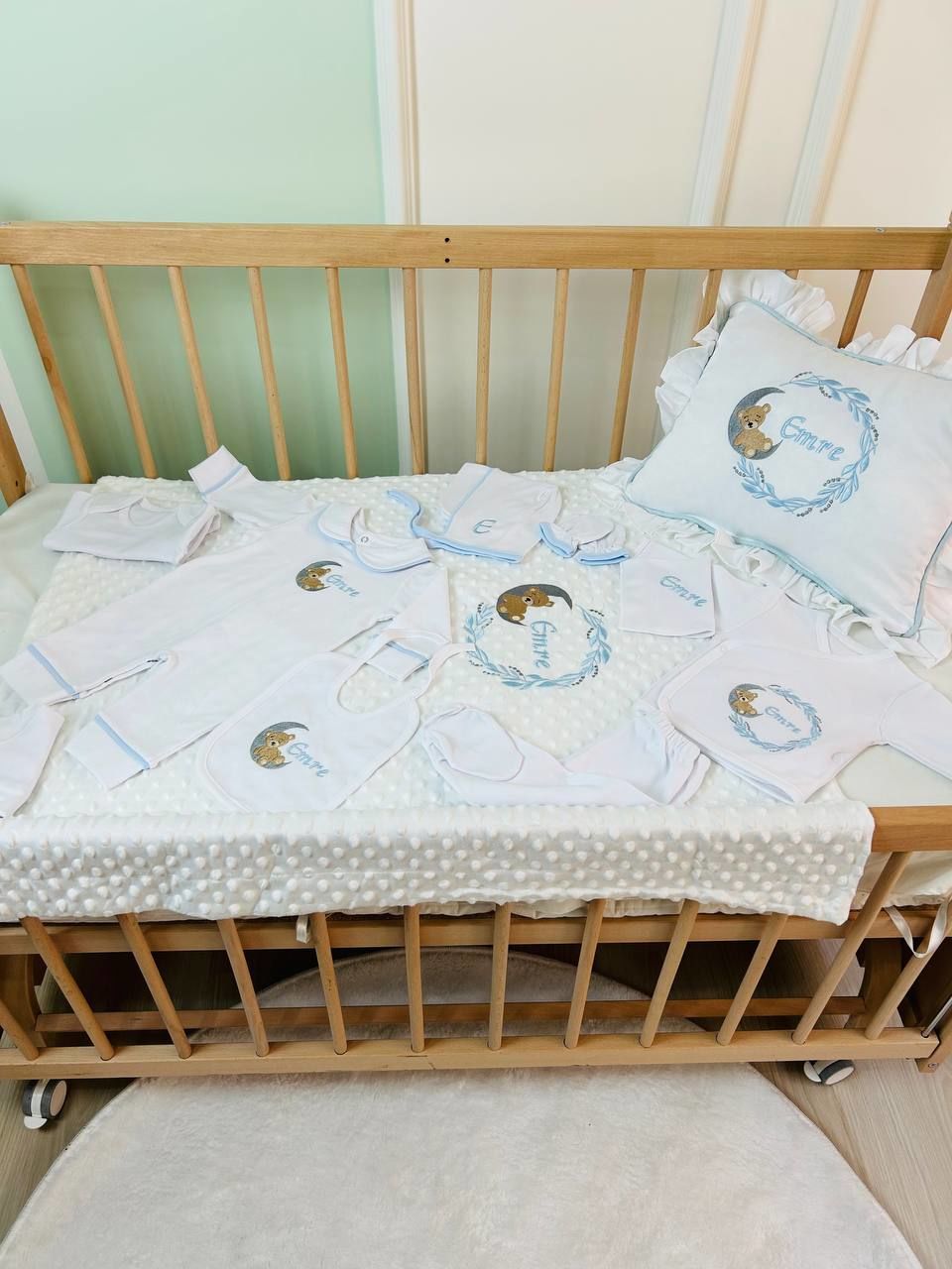 Aydaki Ayıcık Desen Nakışlı Hastane Çıkış Seti