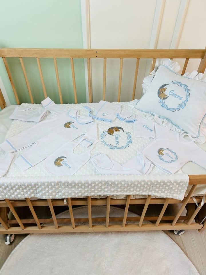 Aydaki Ayıcık Desen Nakışlı Hastane Çıkış Seti