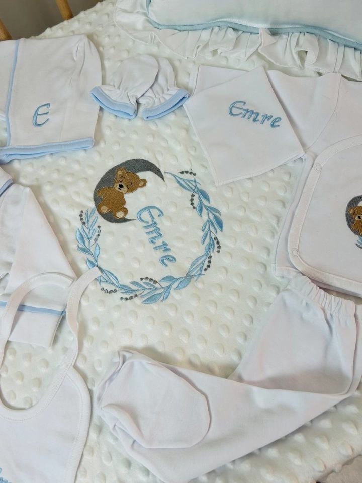 Aydaki Ayıcık Desen Nakışlı Hastane Çıkış Seti