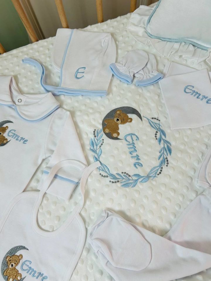 Aydaki Ayıcık Desen Nakışlı Hastane Çıkış Seti