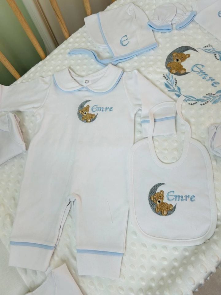 Aydaki Ayıcık Desen Nakışlı Hastane Çıkış Seti