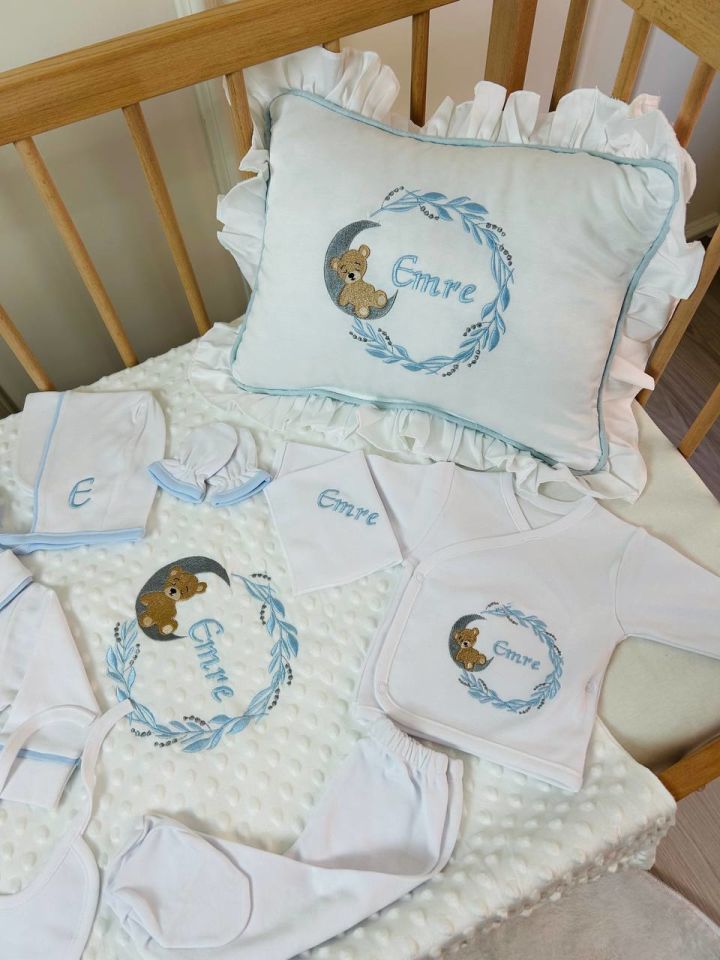 Aydaki Ayıcık Desen Nakışlı Hastane Çıkış Seti