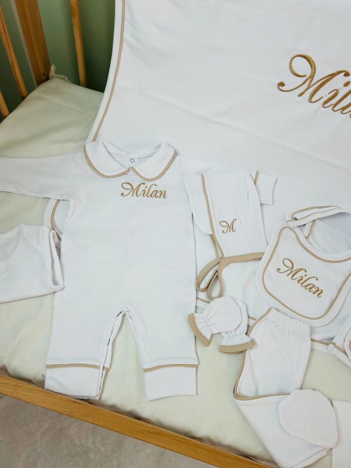 İsme Özel  Kahverengi Tamamı Biyeli Nakışlı Hastane Çıkış Seti