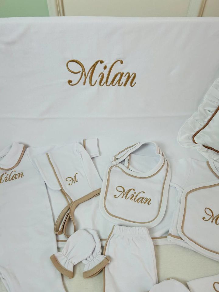 İsme Özel  Kahverengi Tamamı Biyeli Nakışlı Hastane Çıkış Seti