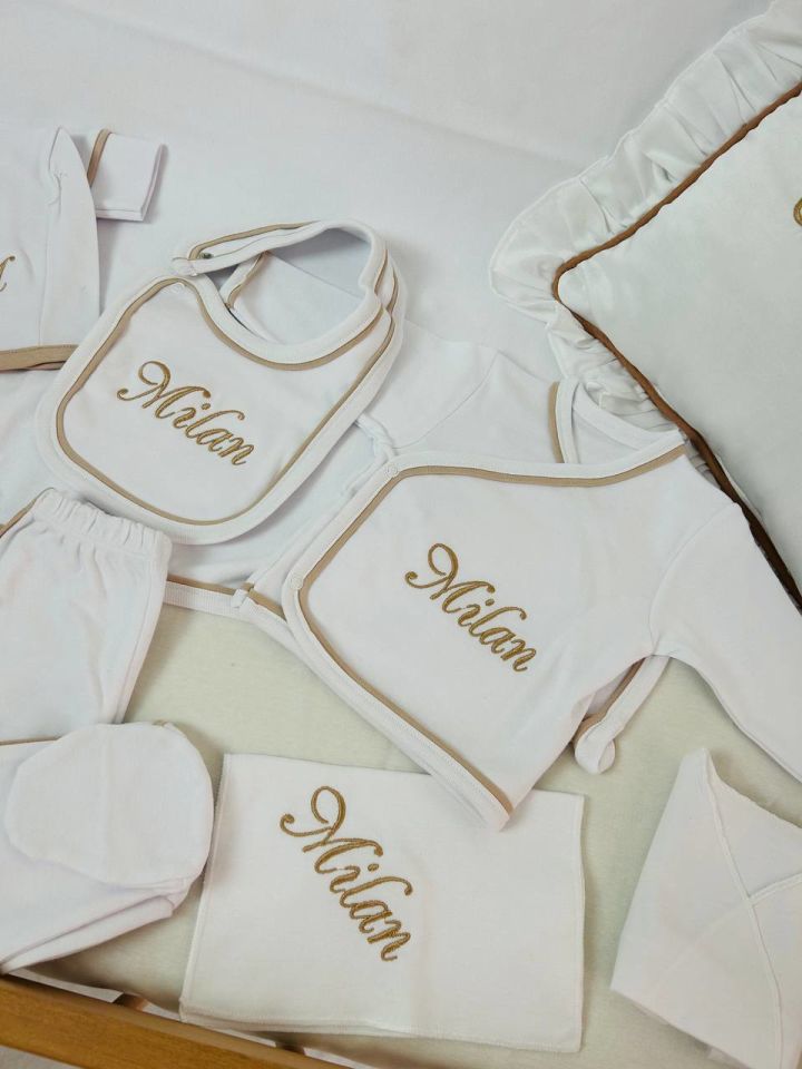 İsme Özel  Kahverengi Tamamı Biyeli Nakışlı Hastane Çıkış Seti