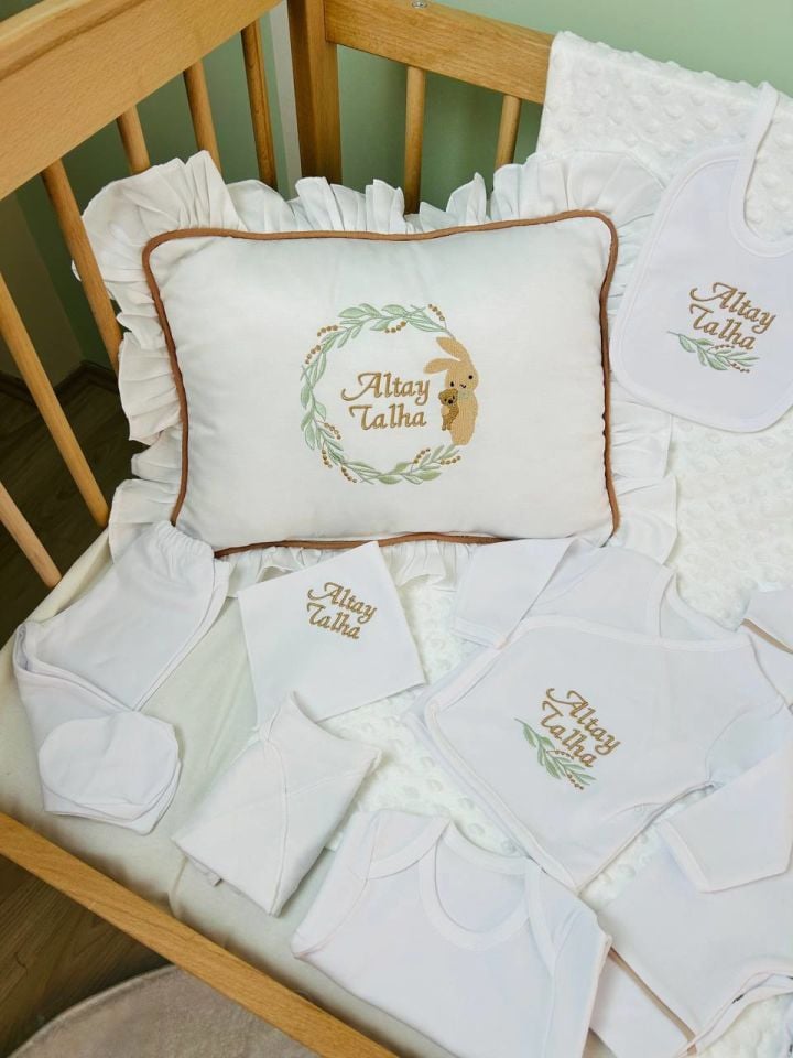 12 Parça Yeşil Kahve Tavşan Nakışlı Tam Set