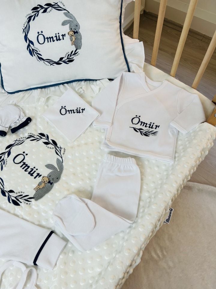 Lacivert Biyeli Nakışlı Tavşan Desen Hastane Çıkış Seti