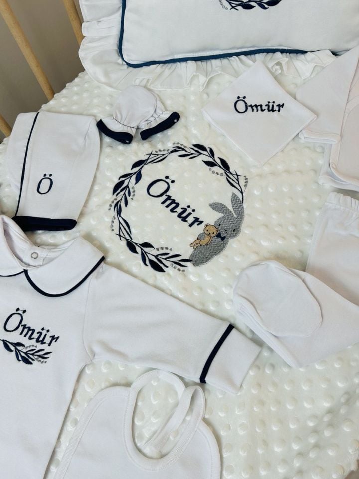 Lacivert Biyeli Nakışlı Tavşan Desen Hastane Çıkış Seti