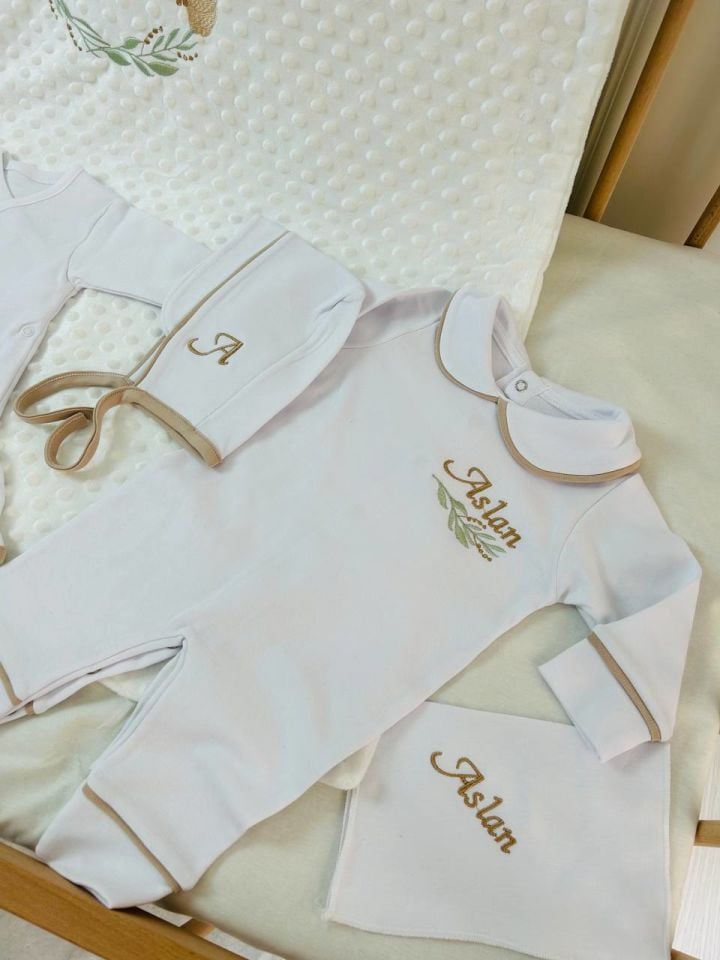 Kahverengi Biyeli Nakışlı Tavşan Desenli Hastane Çıkış Seti