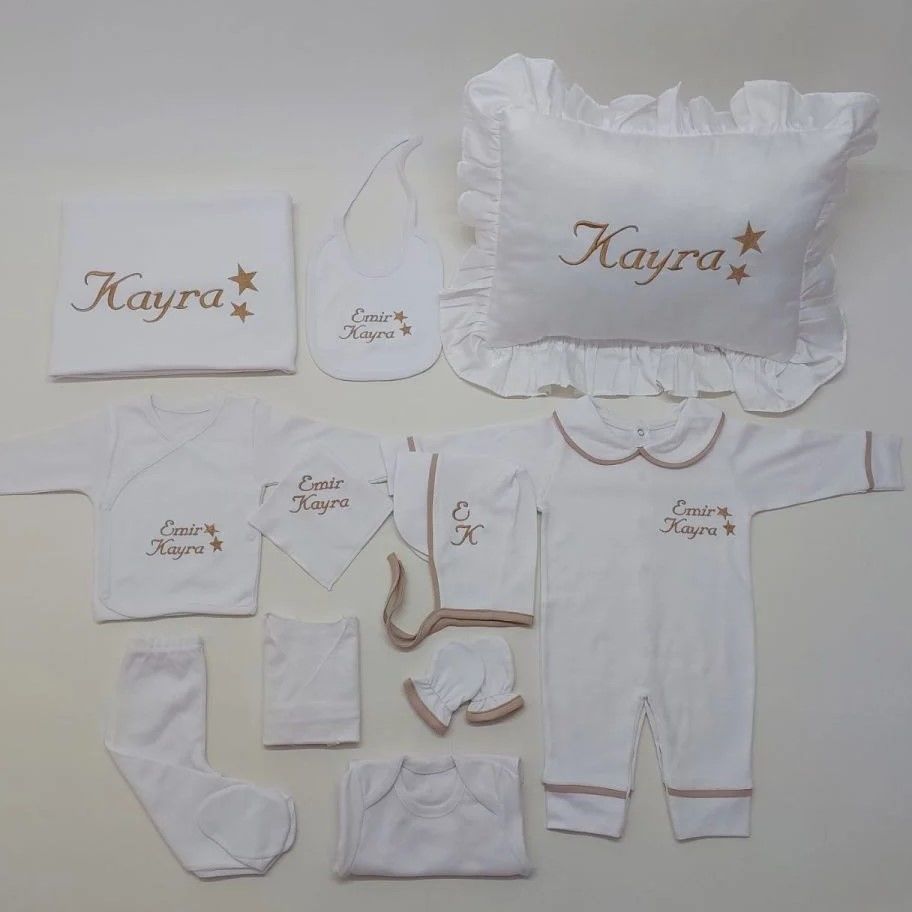 Latte Biyeli Nakışlı İki Yıldız Desenli Hastane Çıkış Seti