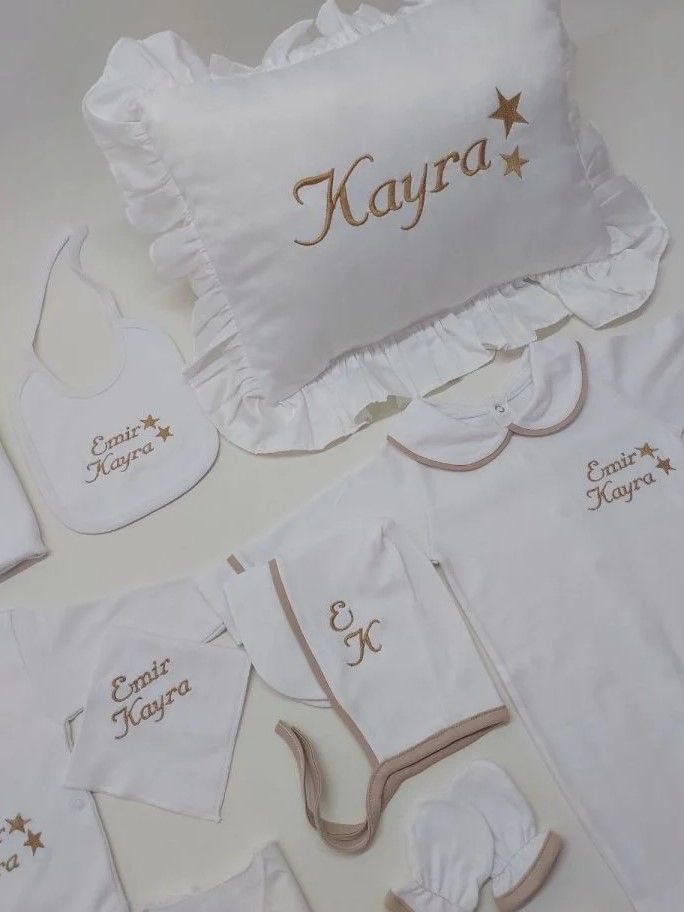 Latte Biyeli Nakışlı İki Yıldız Desenli Hastane Çıkış Seti