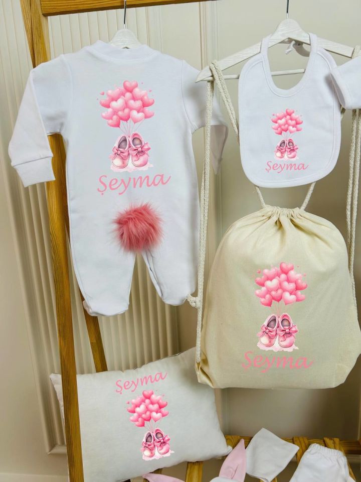 12 Parça Baskılı Minik Pembe Ayakkabı Desenli Hastane Çıkış Set
