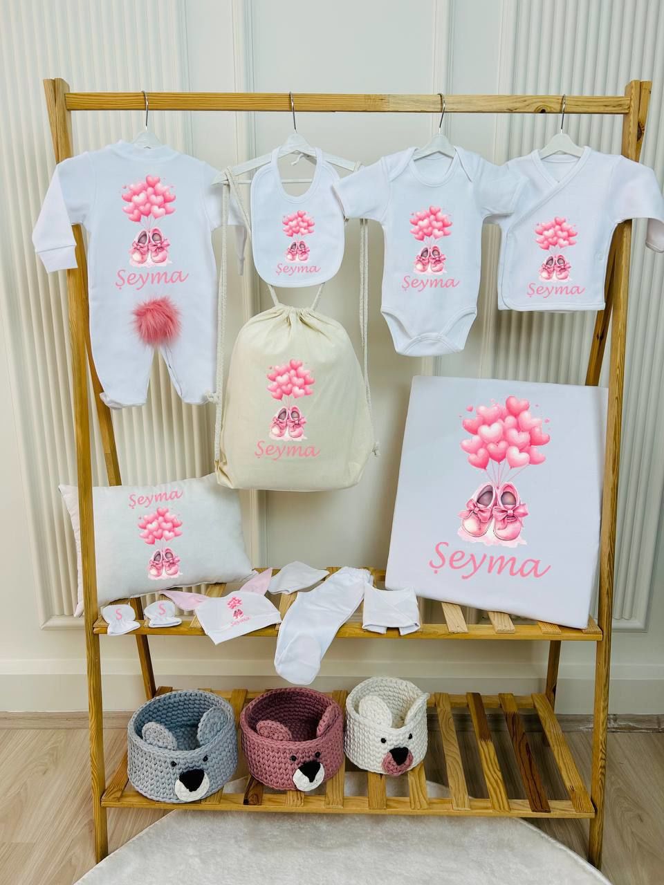 12 Parça Baskılı Minik Pembe Ayakkabı Desenli Hastane Çıkış Set
