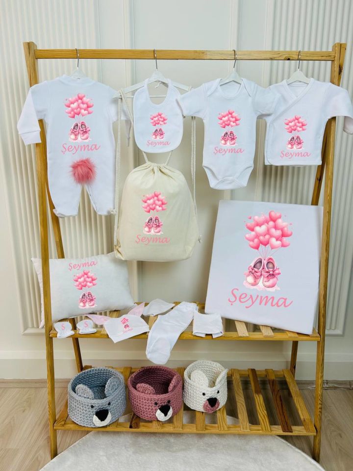 12 Parça Baskılı Minik Pembe Ayakkabı Desenli Hastane Çıkış Set