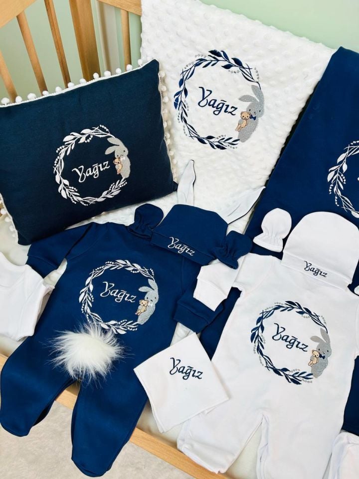 Nakışlı Beyaz Lacivert 16 Parça Hastane Çıkış Seti