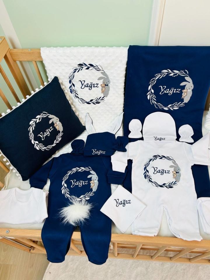 Nakışlı Beyaz Lacivert 16 Parça Hastane Çıkış Seti