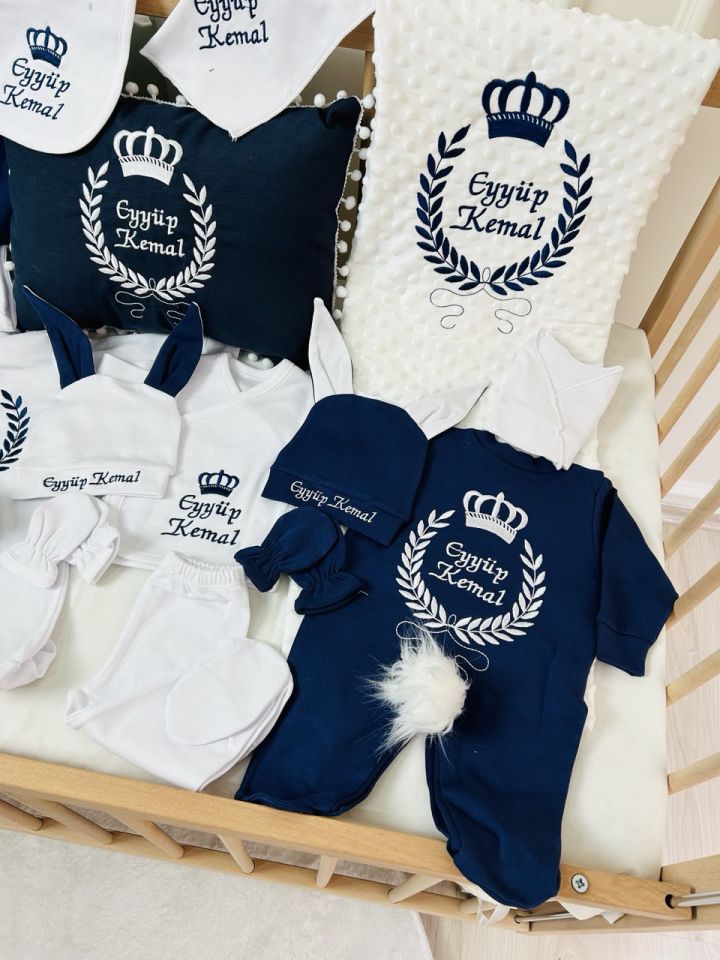 Nakışlı Beyaz Lacivert 16 Parça Hastane Çıkış Seti