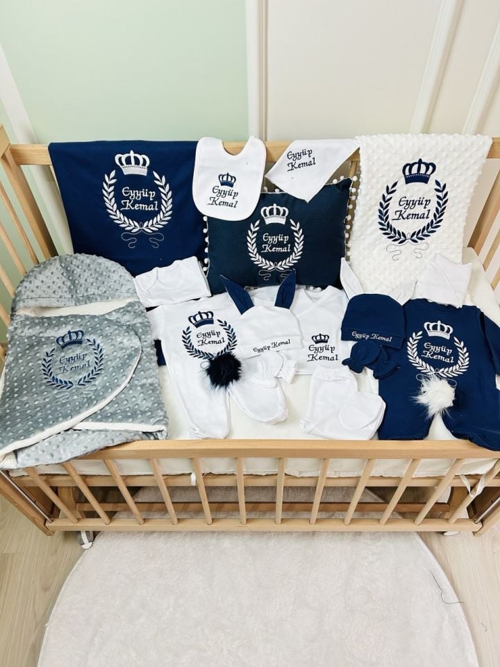 Nakışlı Beyaz Lacivert 16 Parça Hastane Çıkış Seti