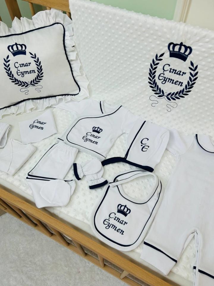 İsme Özel Tamamı Biyeli Nakışlı Hastane Çıkış Seti