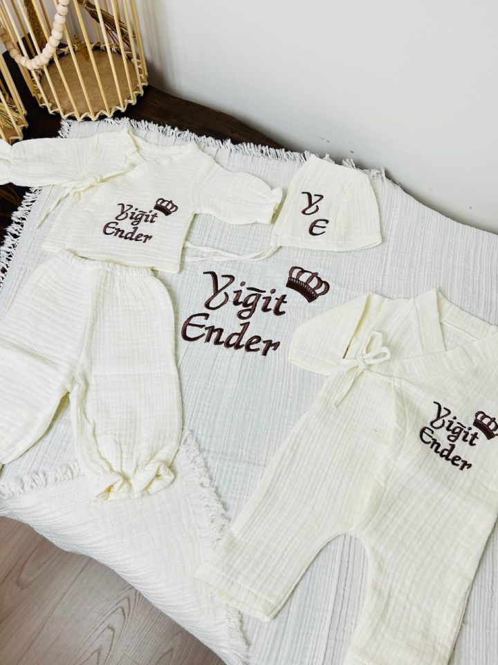 İsme Özel Nakış İşlemeli 4katlı Müslin Hastane Çıkışı