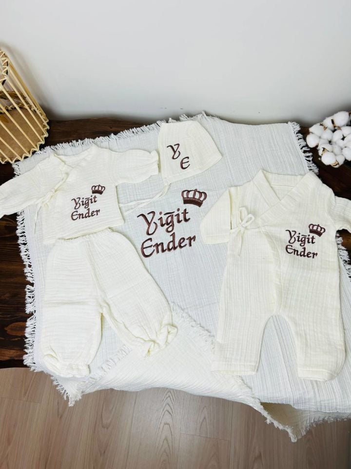 İsme Özel Nakış İşlemeli 4katlı Müslin Hastane Çıkışı