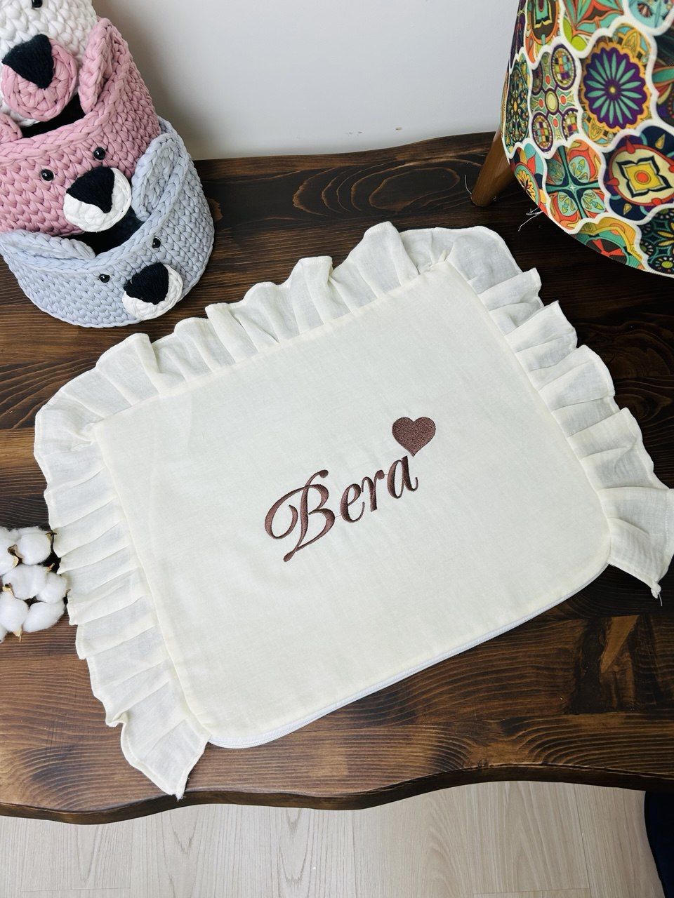 İsme Özel Nakış İşlemeli 4katlı Müslin Yastık Kılıfı