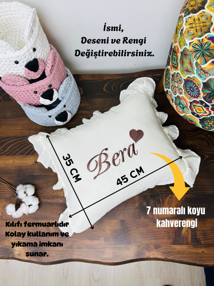 İsme Özel Nakış İşlemeli 4katlı Müslin Yastık