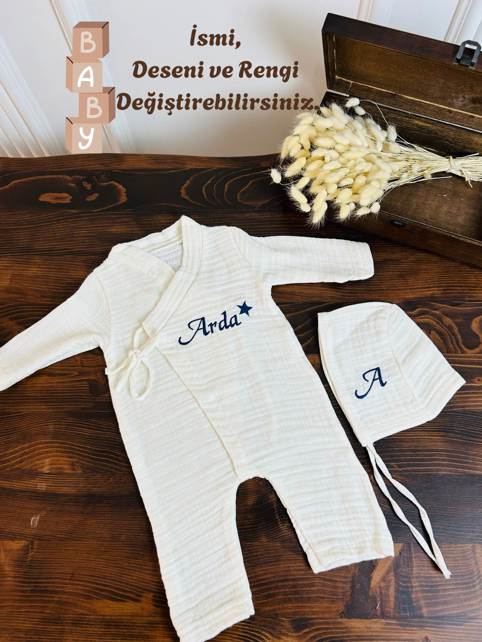 İsme Özel Nakış İşlemeli 4katlı Müslin Tulum Şapka