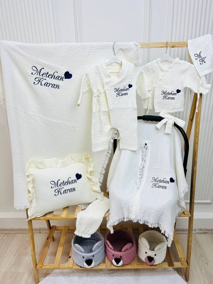 İsme Özel Nakış İşlemeli 4katlı Müslin Hastane Çıkışı